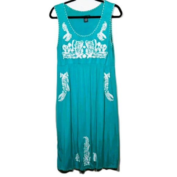 Chelsea & Theodore Dresses & Skirts - Chelsea & Theodore Dress Women's Large Teal w/White Floral Embroidered